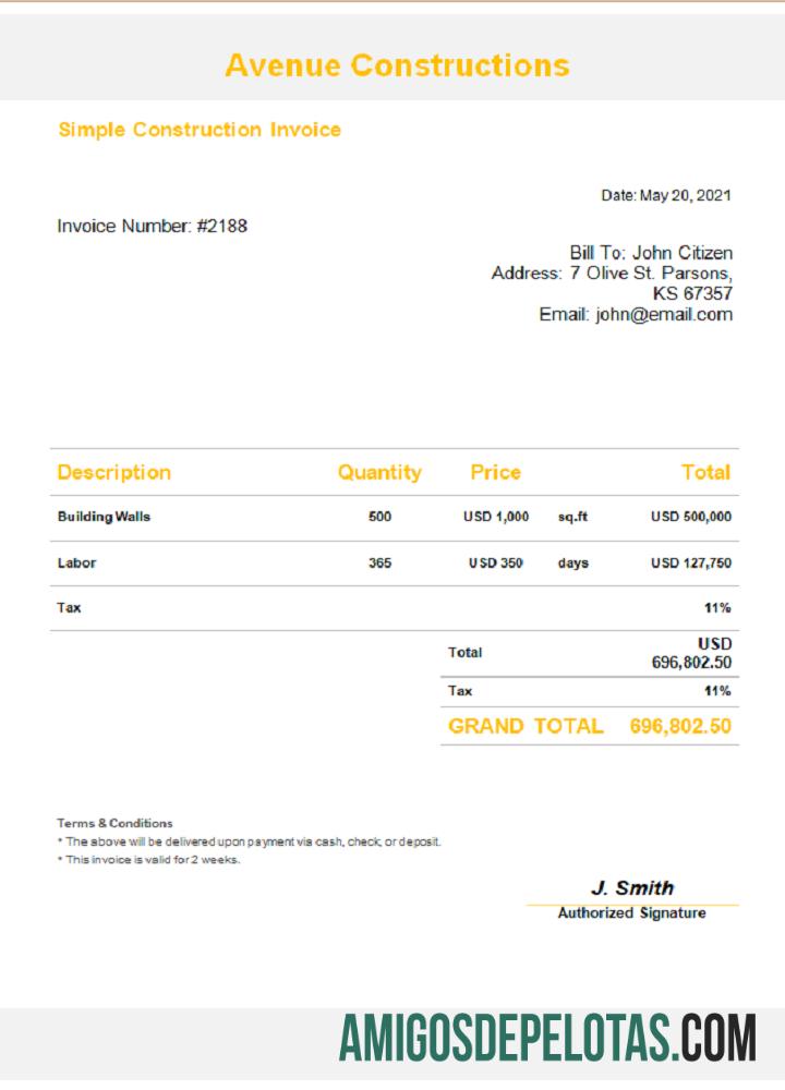 Fatura de construção da avenida dos EUA modelo